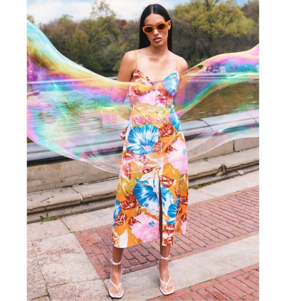 Zara Vibrant Floral Midi Dress buttoned up spaghetti straps